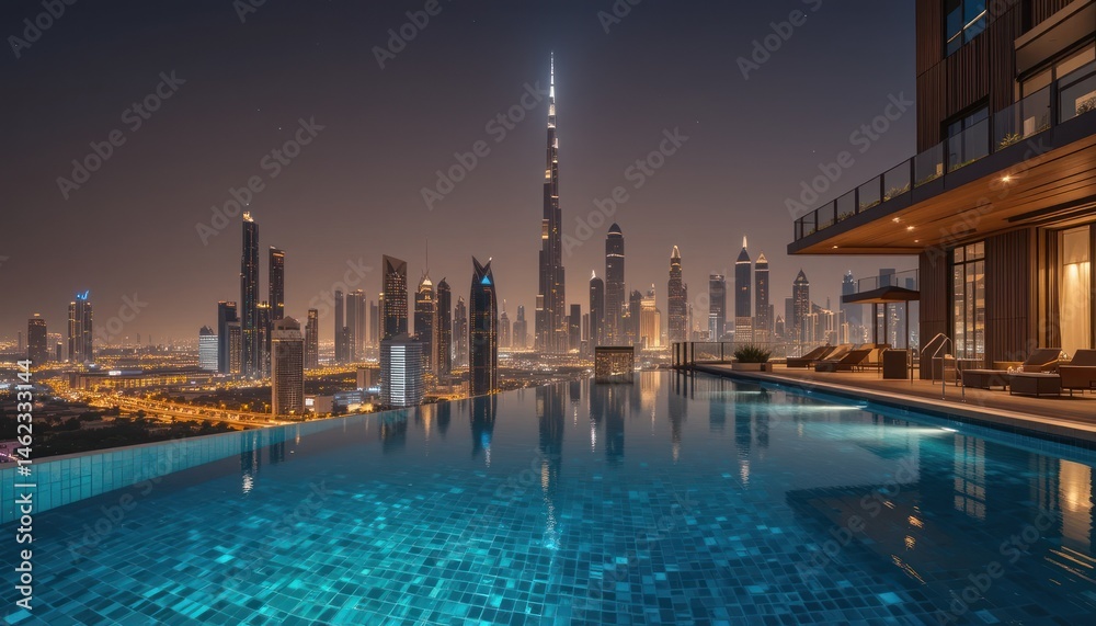 Obraz premium Infinity pool luxury apartment Dubai skyline view 