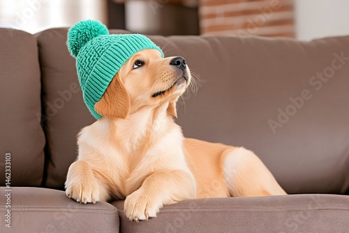 Obraz na płótnie Adorable golden retriever puppy wearing a teal knit beanie, rests on a brown couch, looking up thoughtfully w salonie