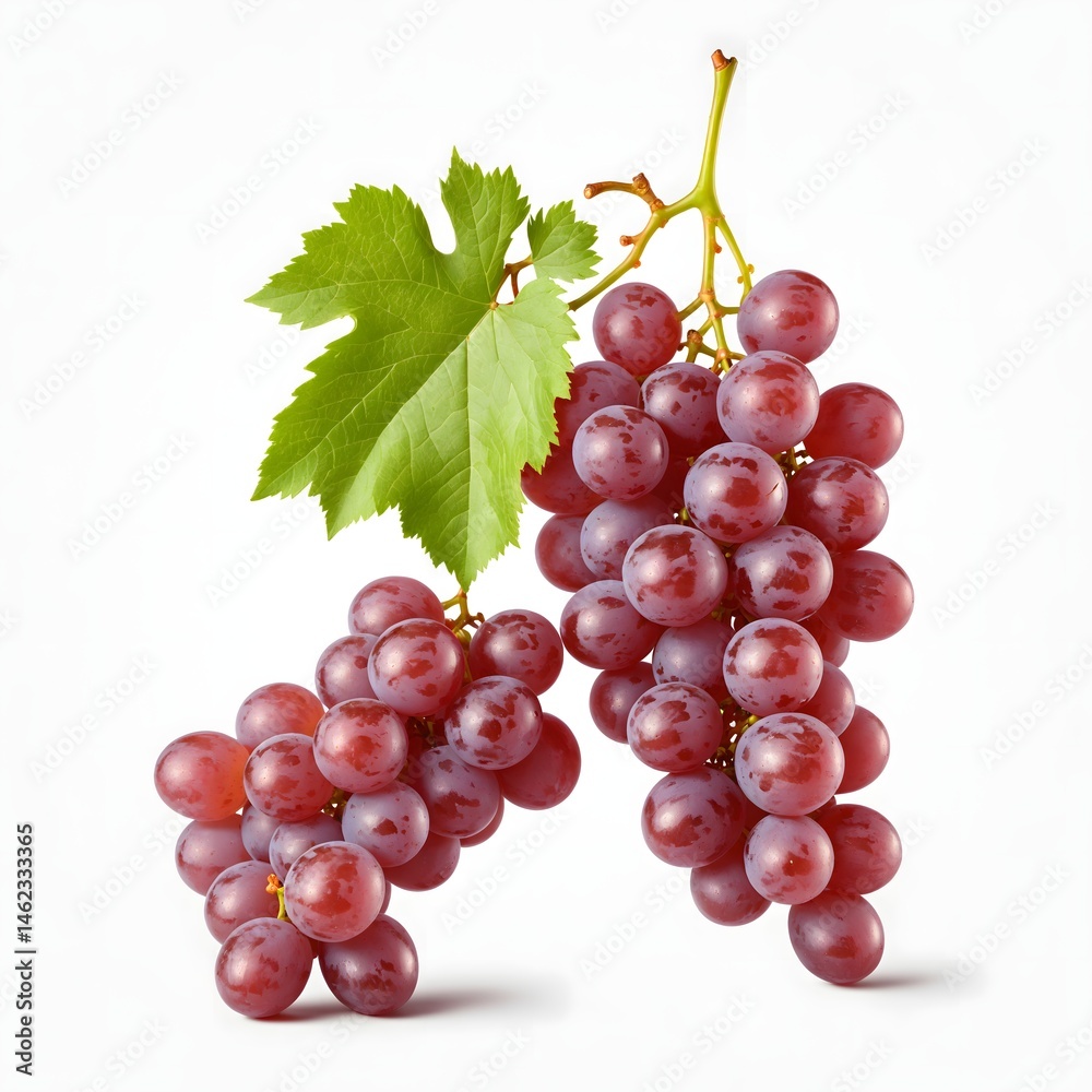 Fototapeta premium Fresh Red Grapes Hanging on Vine with Green Leaf Isolated Background