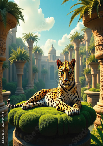  stone columns, lush greenery, regal pose, exotic wildlife, historic architecture, 