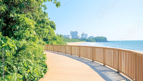 Coastal boardwalk curves alongside a tranquil beach, offering scenic views of ocean and distant cityscape under a bright sky