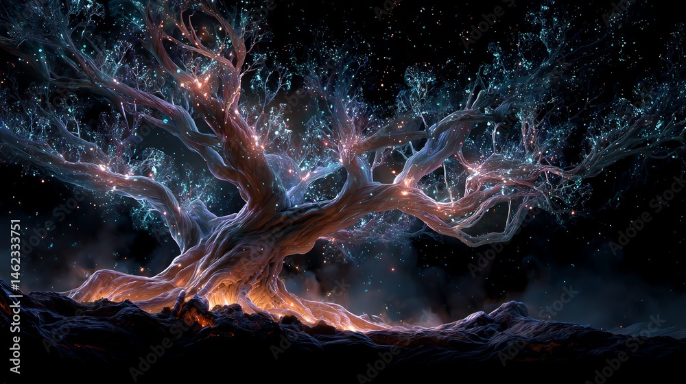 A mystical tree glowing with vibrant colors against a dark background.