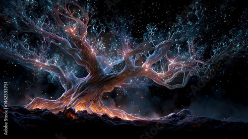 Obraz na płótnie A mystical tree glowing with vibrant colors against a dark background. w salonie