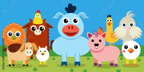 Adorable Cartoon Farm Animals Gathering Together