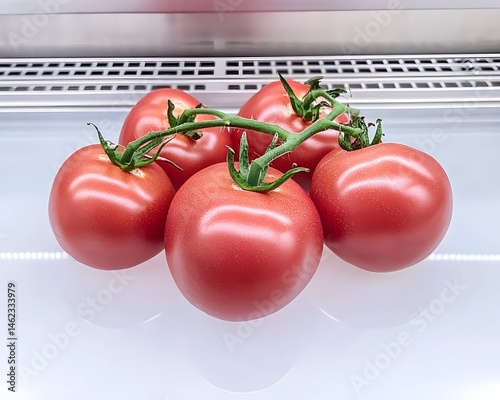 Five ripe red tomatoes on the vine, displayed on a reflective surface