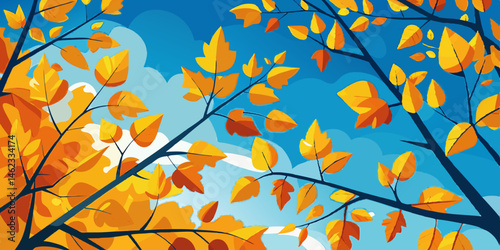 Autumn Leaves Against a Bright Blue Sky Background Illustration
