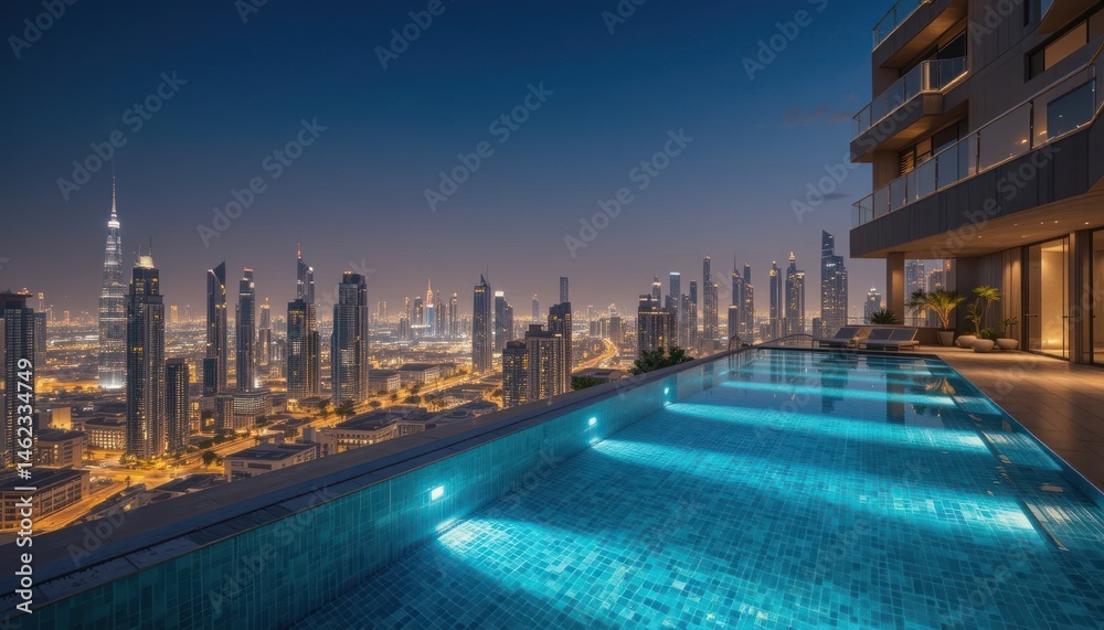 Obraz premium Infinity pool luxury apartment Dubai skyline view 