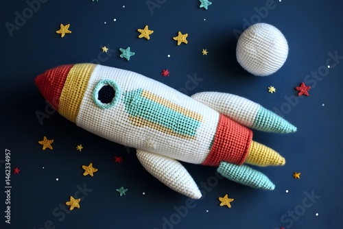 Adorable Crochet Rocket Toy in Space with Stars and Moon