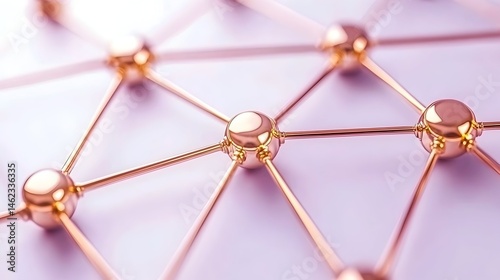 Rose gold spheres interconnected by thin rods, forming a complex network on a pale pink background