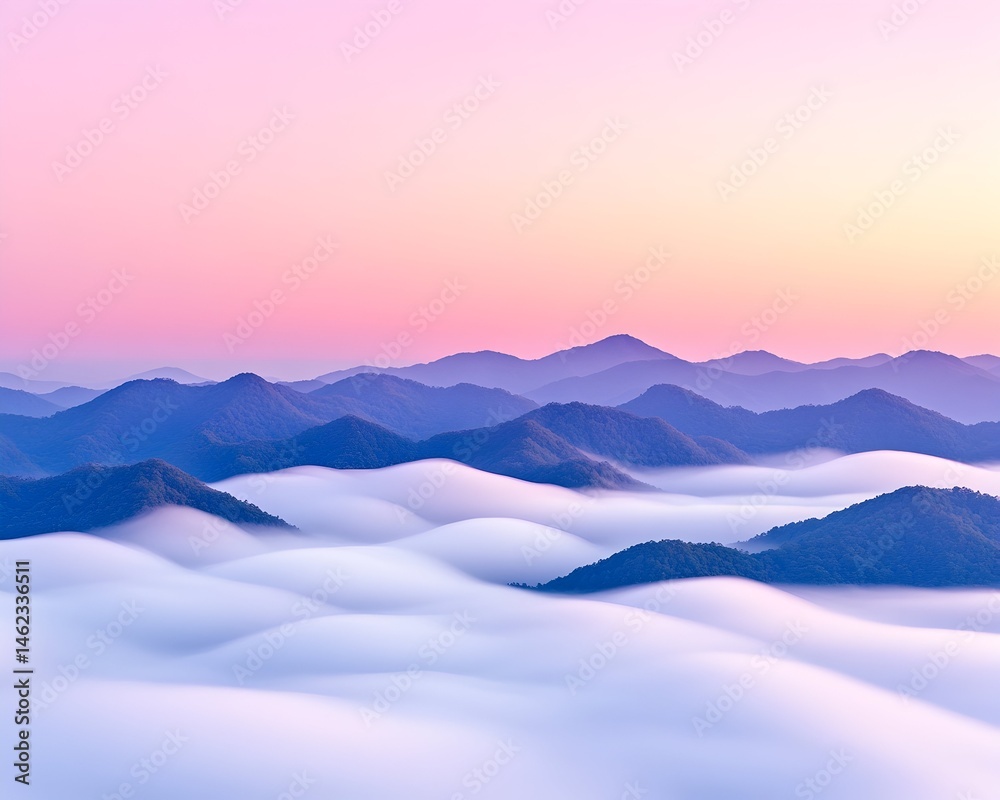 Serene sunrise over a misty mountain range, pastel hues paint the sky and rolling clouds