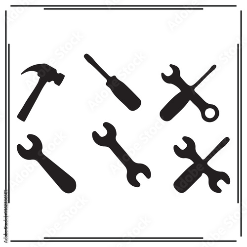 Tool Silhouettes – Vector Icons of Hammer, Screwdriver, and Wrenches for Construction, Repair, Mechanic Work, Hardware Store Design, Industrial Services, and DIY Projects.

