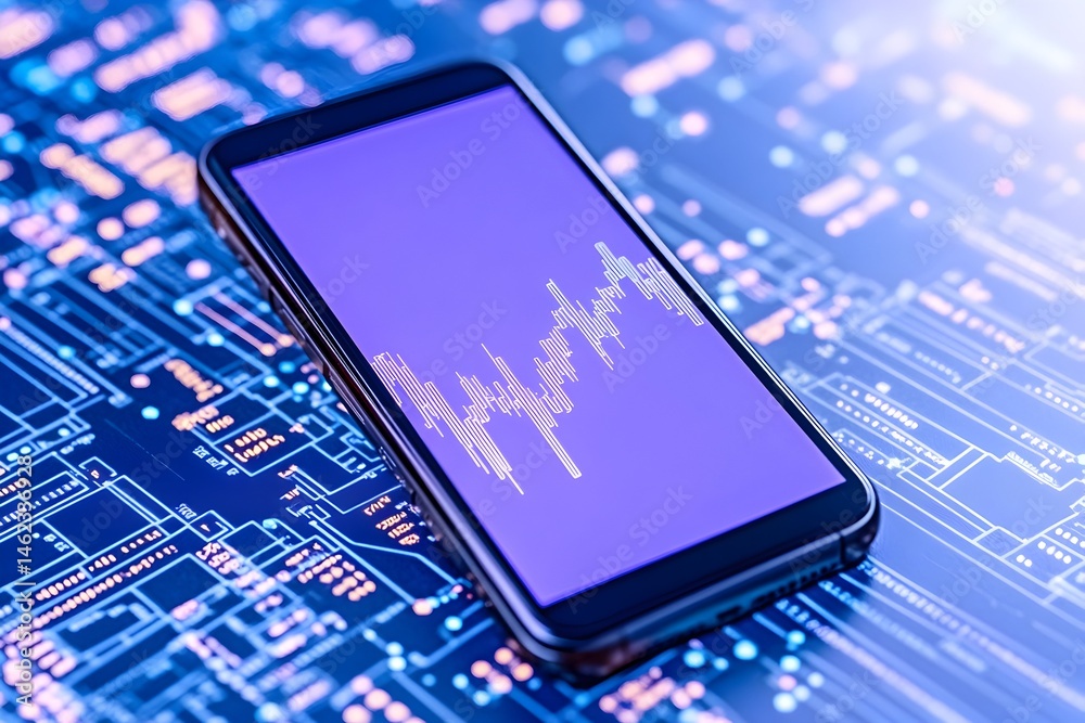 Smartphone displays a financial graph on a circuit board