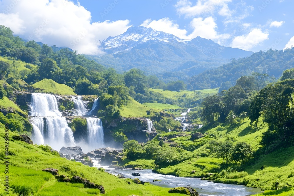 Serene waterfall cascading down lush green hills into a river, with a snow-capped mountain in the background under a bright sunny sky