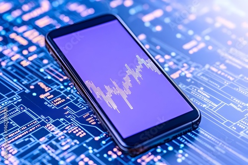 Obraz na płótnie Smartphone displays a financial graph on a circuit board w salonie