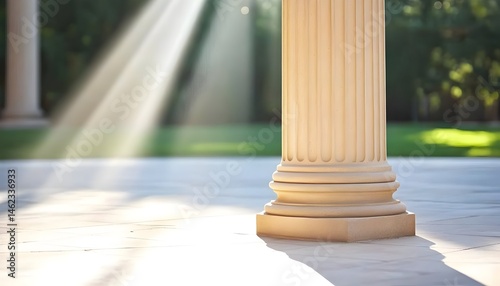 Obraz na płótnie Sunbeams illuminate a classical column's base on a stone patio w salonie