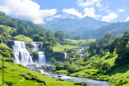 Obraz na płótnie Serene waterfall cascading down lush green hills into a river, with a snow-capped mountain in the background under a bright sunny sky w salonie