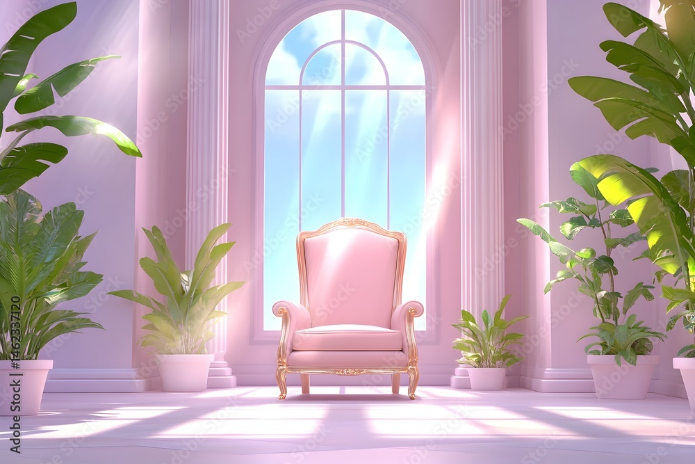 Sunlit pink throne in a classical room with plants