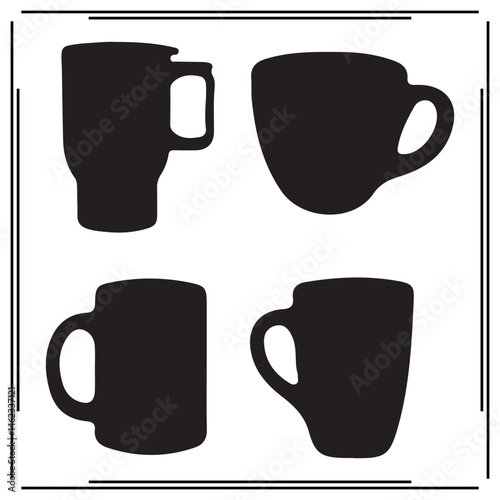Coffee Mug Silhouettes – Vector Illustration of Black Coffee Cups and Tea Mugs in Minimalist Style Isolated on White – Beverage Icons for Caffe Branding, Drink Design, 
