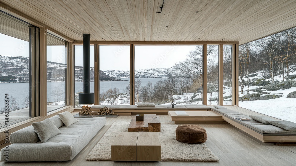 Fototapeta premium Modern Scandinavian Cabin with Panoramic Views
