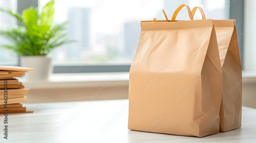 Two kraft paper bags sit on a table near a window