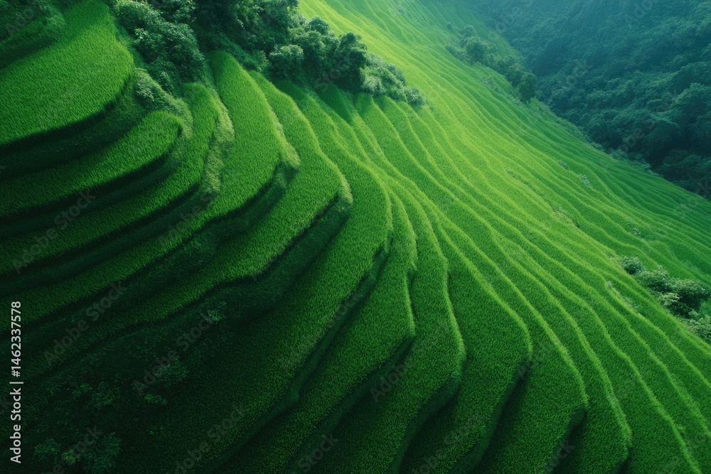 Fototapeta premium minimalistic aerial view of rice terraces in asia creates symmetrical patterns offering ample copy space