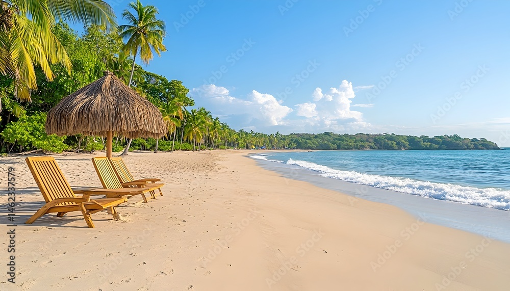 Tropical beach scene with two lounge chairs under a thatched umbrella