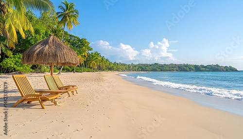Obraz na płótnie Tropical beach scene with two lounge chairs under a thatched umbrella w salonie