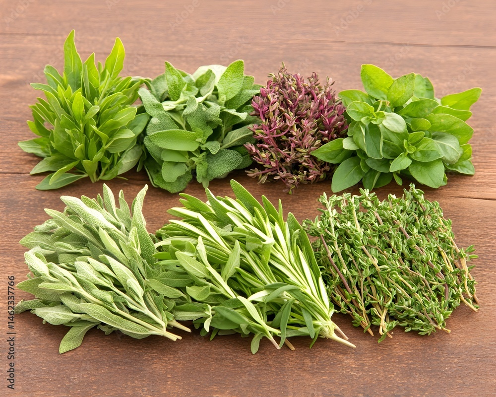 Variety of fresh herbs arranged on a brown wooden surface