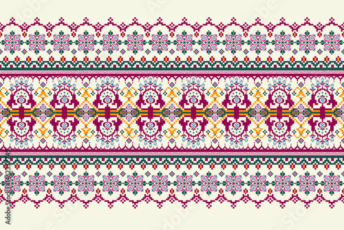 Geometric pixelated Arabic patterns on the fabric reflect the ornate and ethnicity,grid floral,grid colourful, backgrounds, seamless grid design for carpet,textile,textured,wallpaper,print,decorate