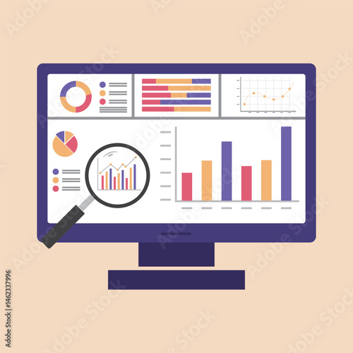 Business Data Analytics flow chart, large computer monitor