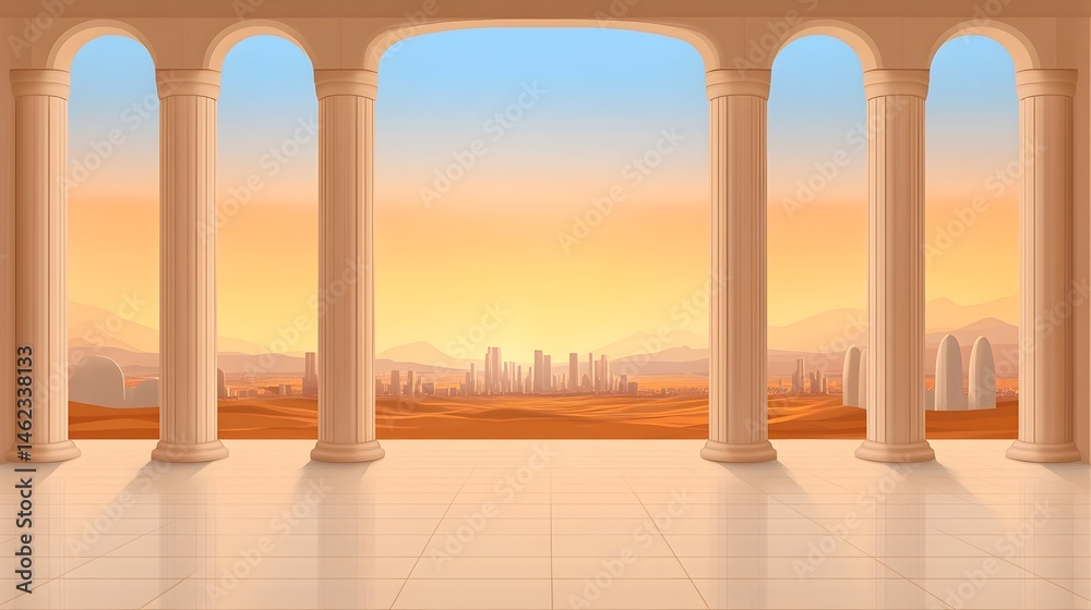 A classical colonnade overlooks a sprawling desert city at sunset