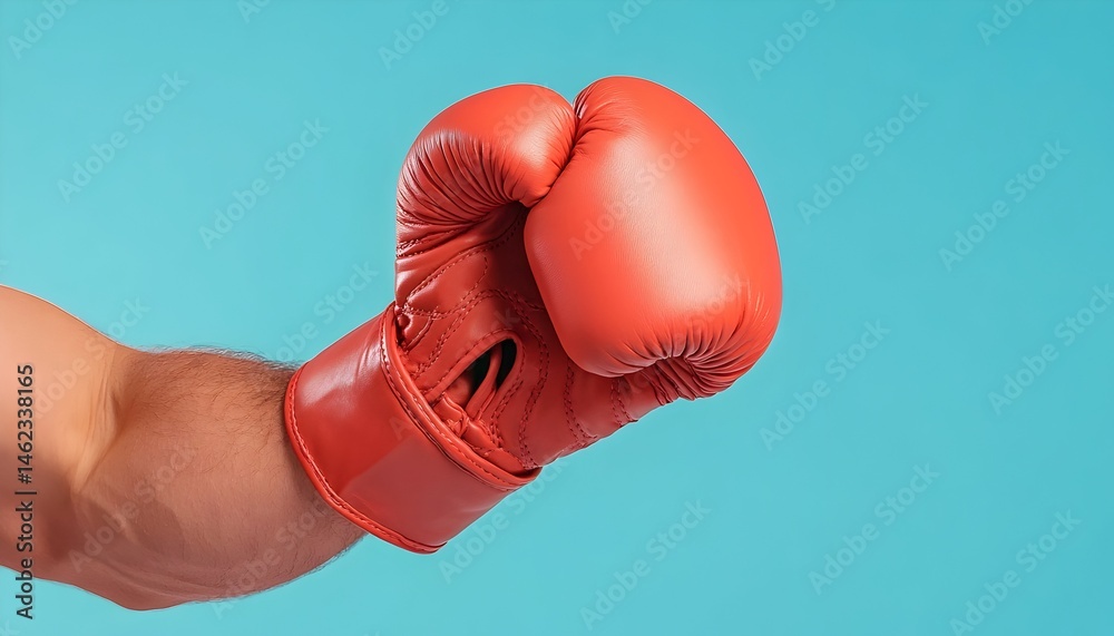 A close-up of a powerful fist wearing a red boxing glove against a vibrant blue background