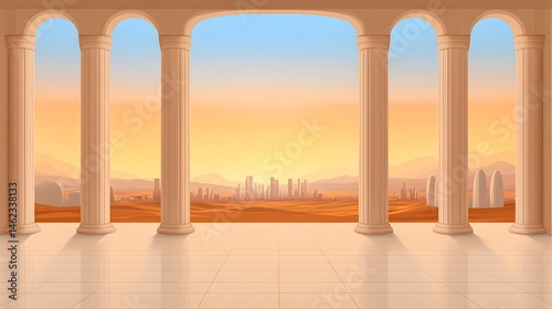 Obraz na płótnie A classical colonnade overlooks a sprawling desert city at sunset w salonie