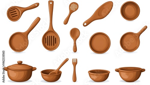 Obraz na płótnie A collection of brown wooden and ceramic kitchen utensils and cookware, including spoons, spatulas, pans, bowls, and a pot w salonie