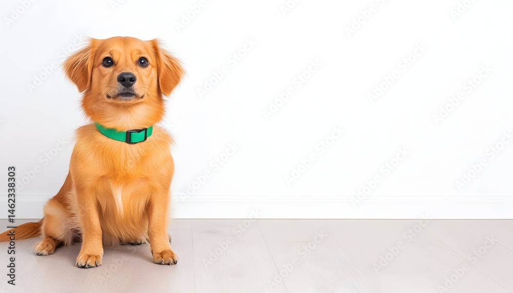 A cute, golden-furred small dog sits attentively, wearing a green collar against a white background