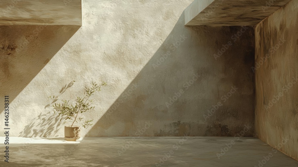Empty room with a concrete floor and walls. the walls are painted in a light beige color and have a rough texture. on the right side of the image, there is a small potted plant with green leaves. Empty room with a concrete floor and walls. the walls are painted in a light beige color and have a rough texture. on the right side of the image, there is a small potted plant with green leaves.