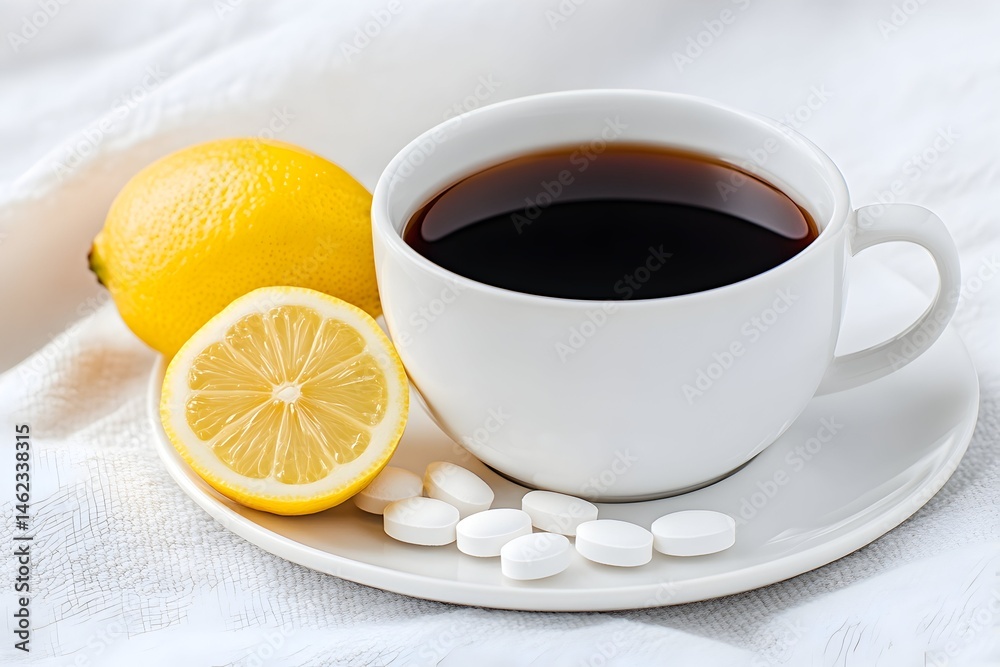 A cup of tea with lemon and tablets