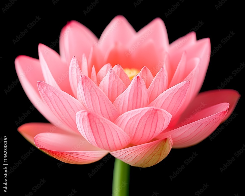 A delicate pink lotus flower blossoms against a stark black background, showcasing its intricate petals and vibrant color