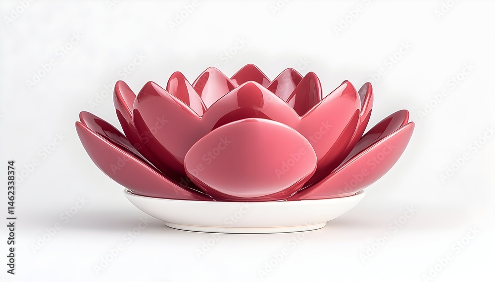 A deep red ceramic lotus flower design candle holder with a white base