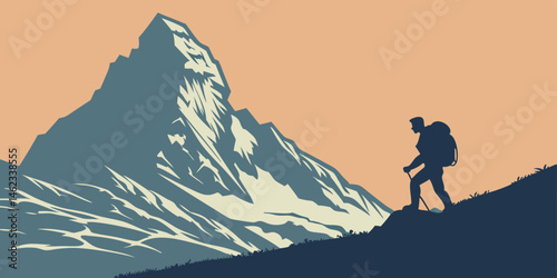 Silhouette of a hiker on a snowy mountain peak enjoys the cold winter landscape under the vast sky during a trekking adventure