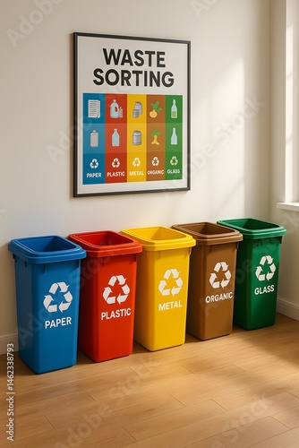 A modern, organized indoor recycling station with separate labeled bins for paper, plastic, metal, organic waste, and glass.