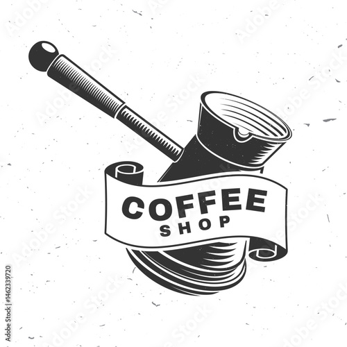 Coffee shop. Hot and aromatic. Vector illustration. Concept for cafe and restaurant logo, brand, label. Logo with copper pot with a handle for making coffee on the stove. Turkish pot of coffee