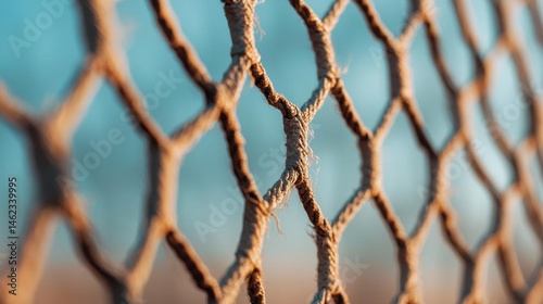 Close-up of a chain-link fence. the fence is made up of small, interlocking strands of rope that are tightly woven together.