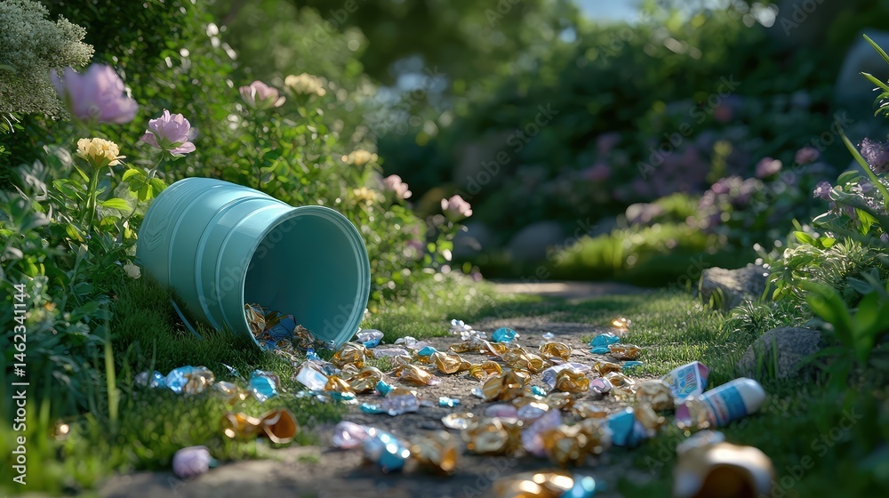 Fototapeta premium Lush Garden Path with Upset Bucket Spilling Colorful Wrappers Amidst Blossoming Flowers and Greenery in a Tranquil Natural Setting