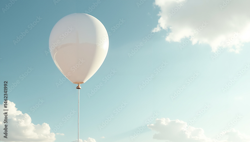 Fototapeta premium Single white balloon floating in a blue sky with fluffy clouds, symbolizing freedom and celebration