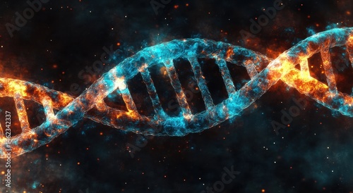 Fiery, ethereal double helix DNA strand against a dark, cosmic background