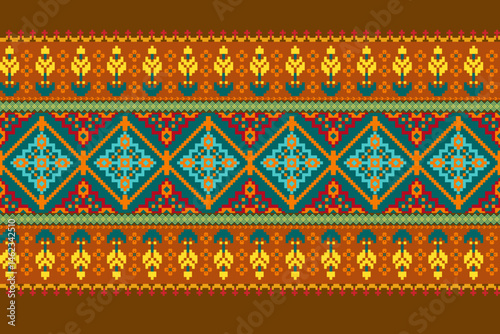 Geometric pixelated Arabic patterns on the fabric reflect the ornate and ethnicity,grid floral,grid colourful, backgrounds, seamless grid design for carpet,textile,textured,wallpaper,print,decorate
