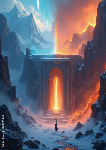 surreal, glowing gate, ancient structure, frozen, molten, magical world, fantasy ar
