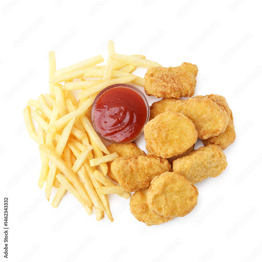 Naklejka premium Tasty chicken nuggets and french fries with sauce isolated on white, top view
