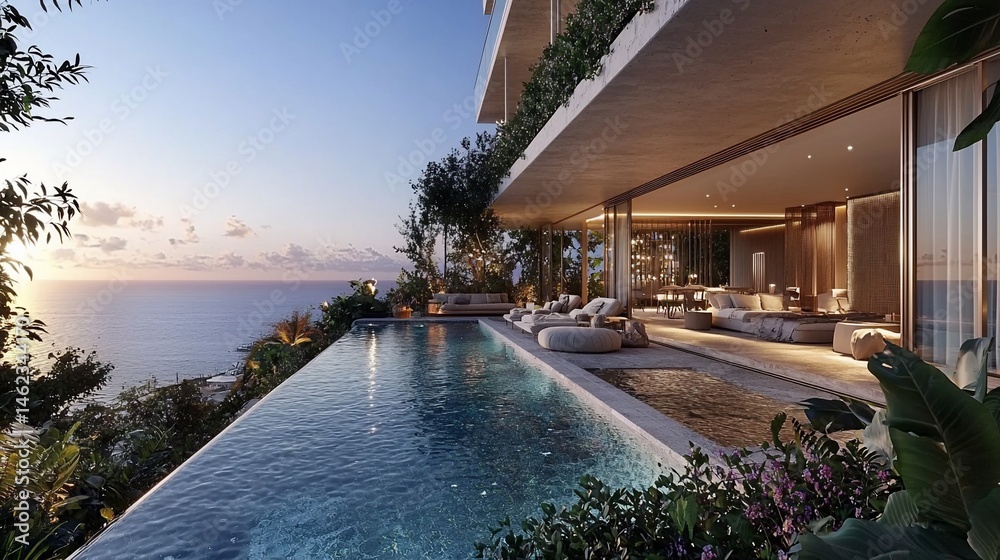Fototapeta premium Luxurious cliffside infinity pool overlooking the ocean. Tranquil, modern, and spacious living area seamlessly integrated with outdoor space